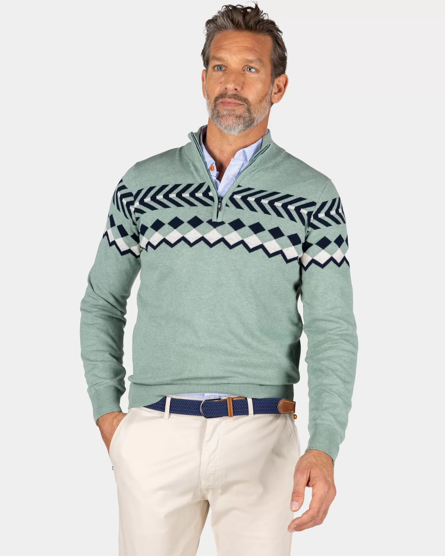 Green Sweater With Knitted Patter - | NZA New Zealand Aucklanc Outlet