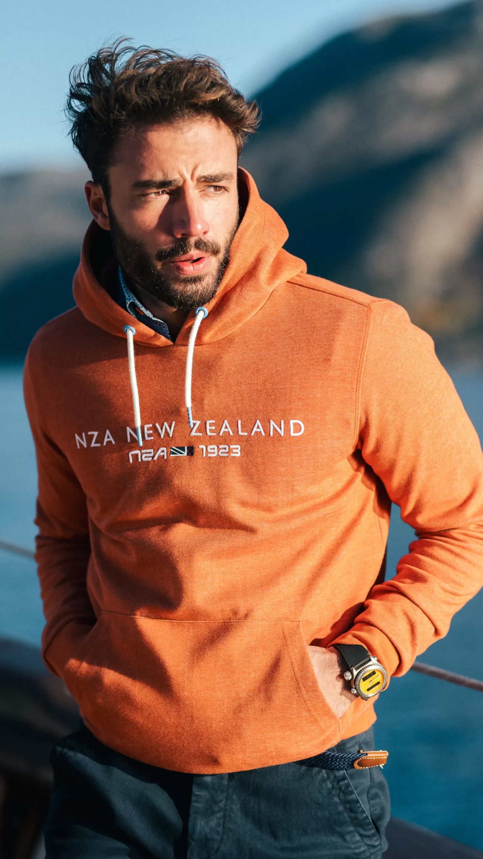 Orange Hoodie With Chest Text - | NZA New Zealand Aucklanc Clearance